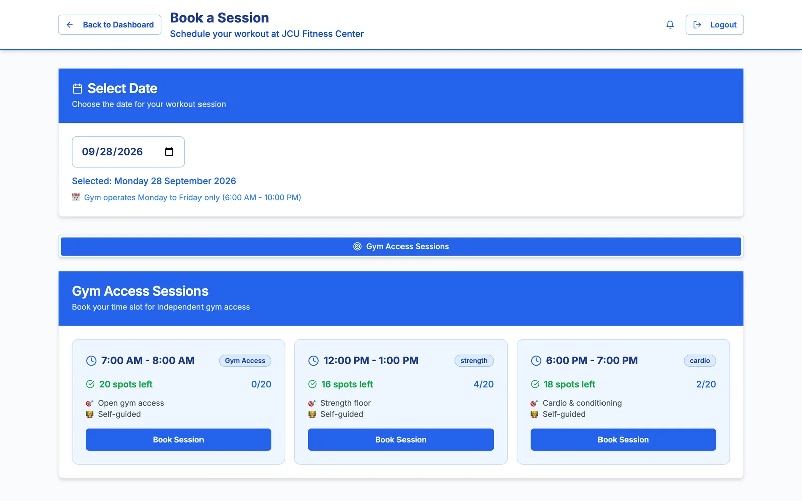Book a Session page with a date picker and three time slots, each showing remaining spots and a Book Session button.