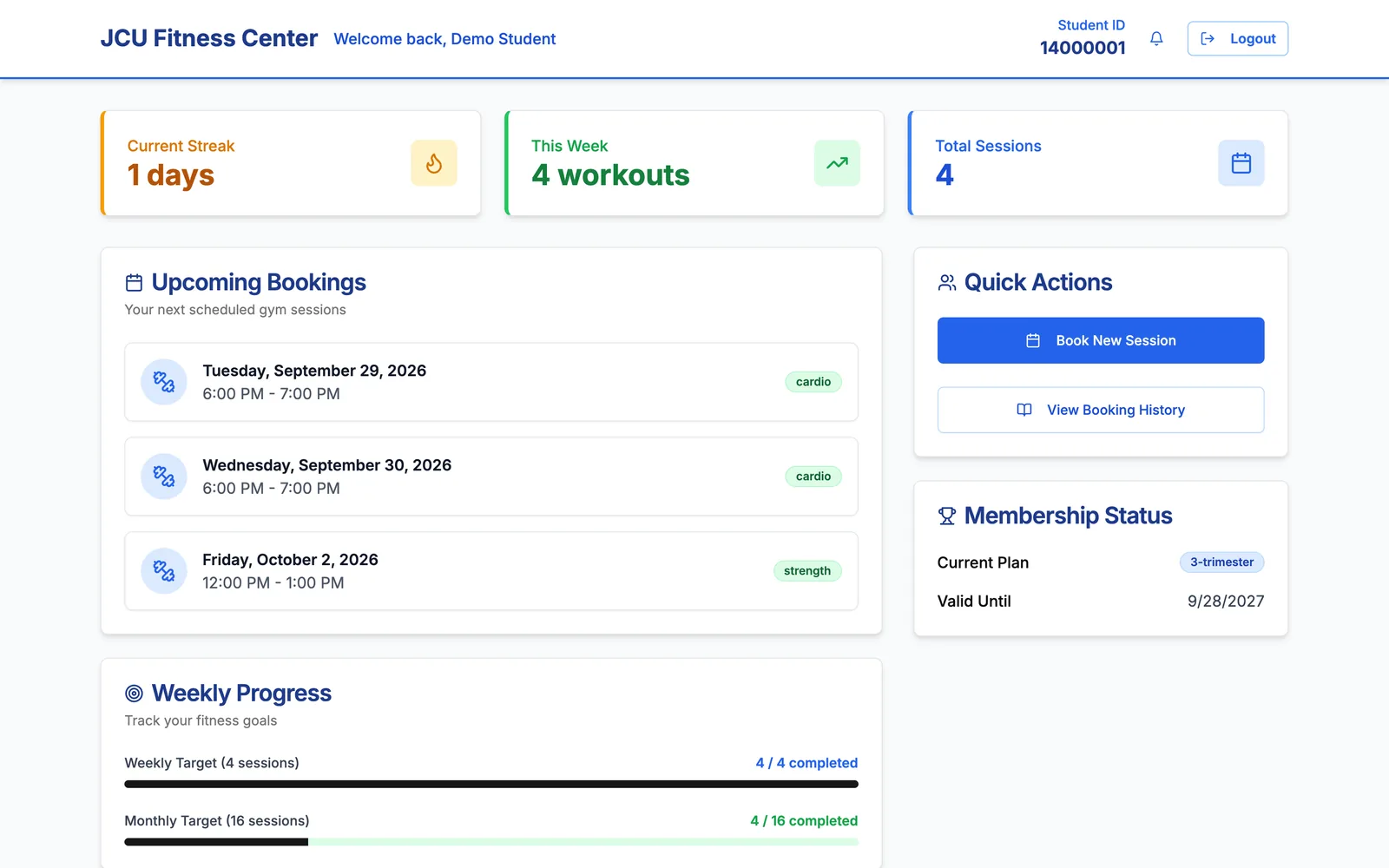 Member dashboard with current streak, workouts this week, upcoming bookings, quick actions and membership status.