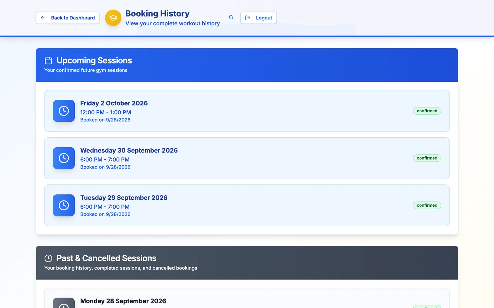 Booking History page listing upcoming confirmed sessions and a section for past and cancelled sessions.