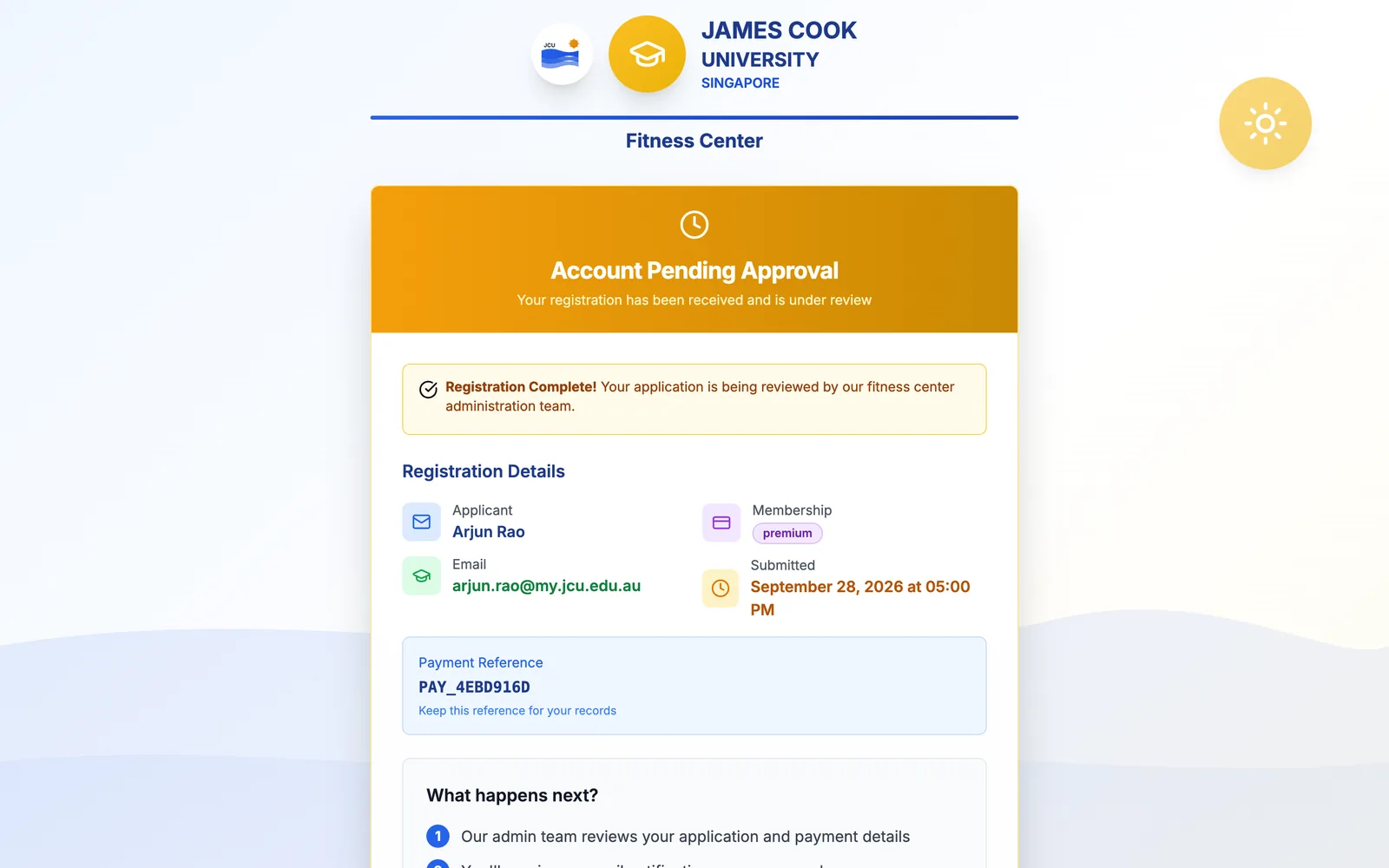 Account Pending Approval page showing the applicant’s registration details, membership type and payment reference.