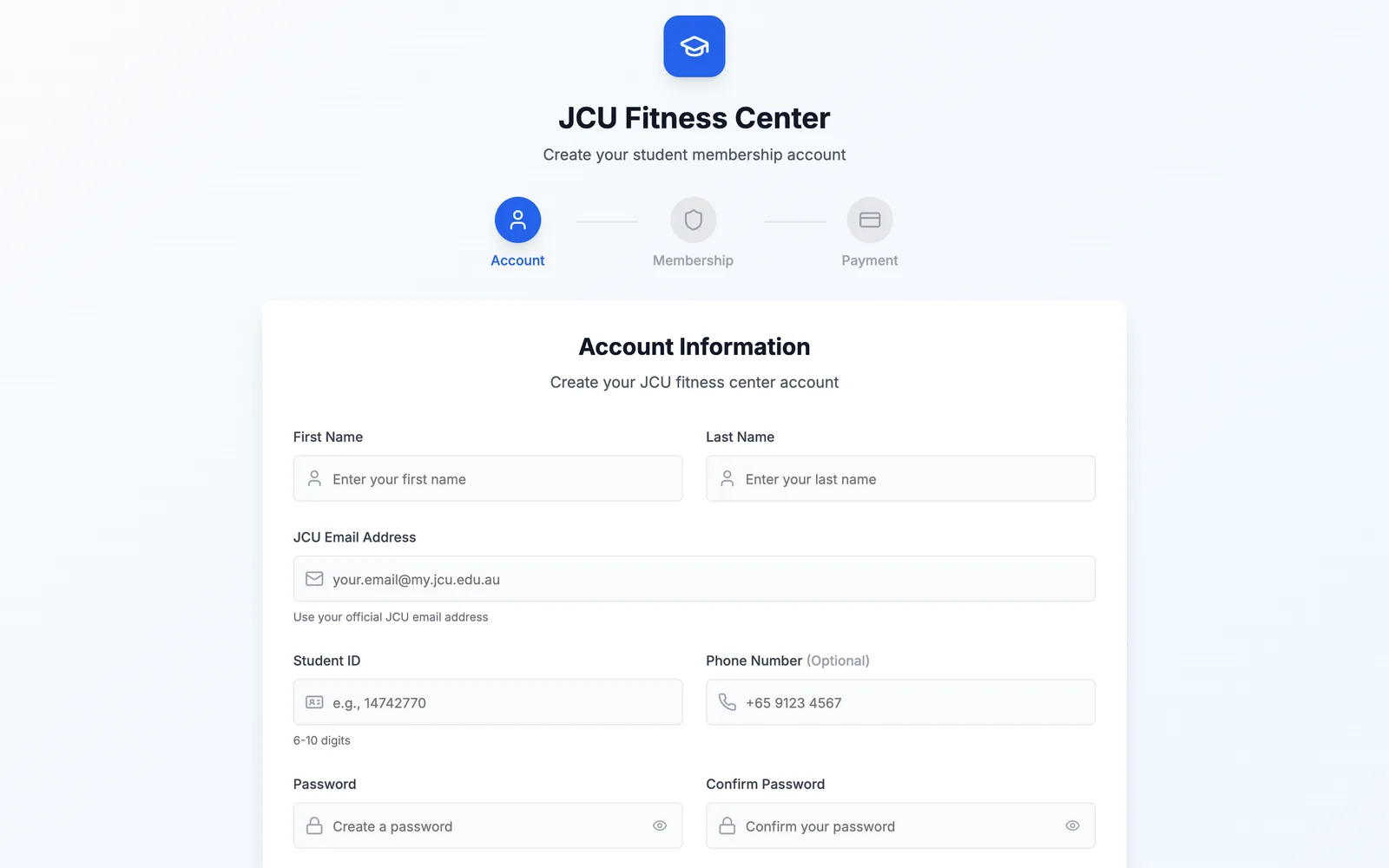JCU Fitness Center registration form, step one of three (Account, Membership, Payment), with fields for name, JCU email, student ID, phone and password.
