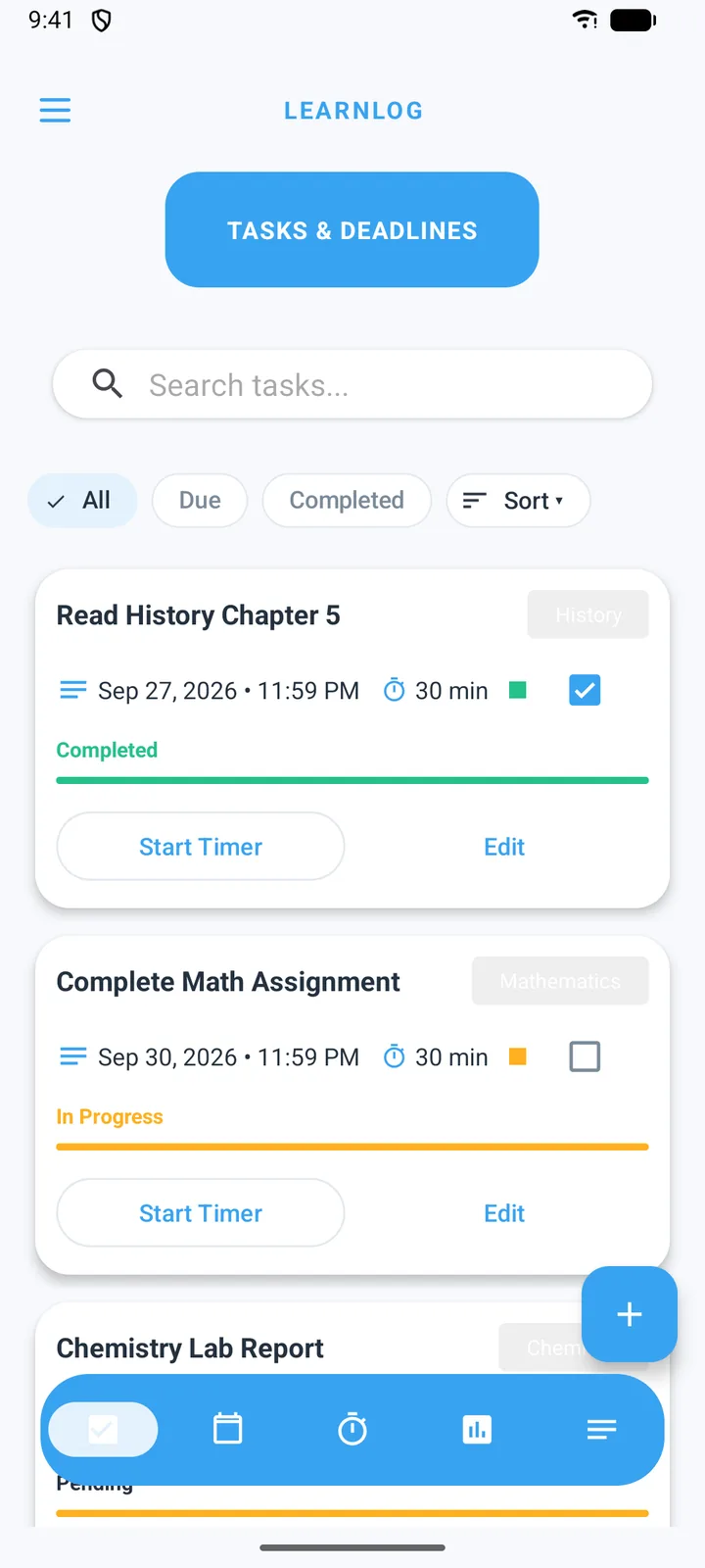 LearnLog Tasks screen: searchable task cards with subject, due date, duration, status and Start Timer buttons.